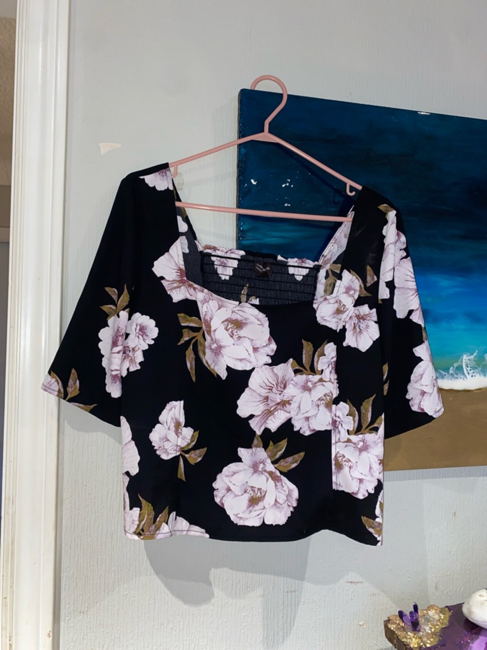 free press Black Crop Top with Pink Floral Print